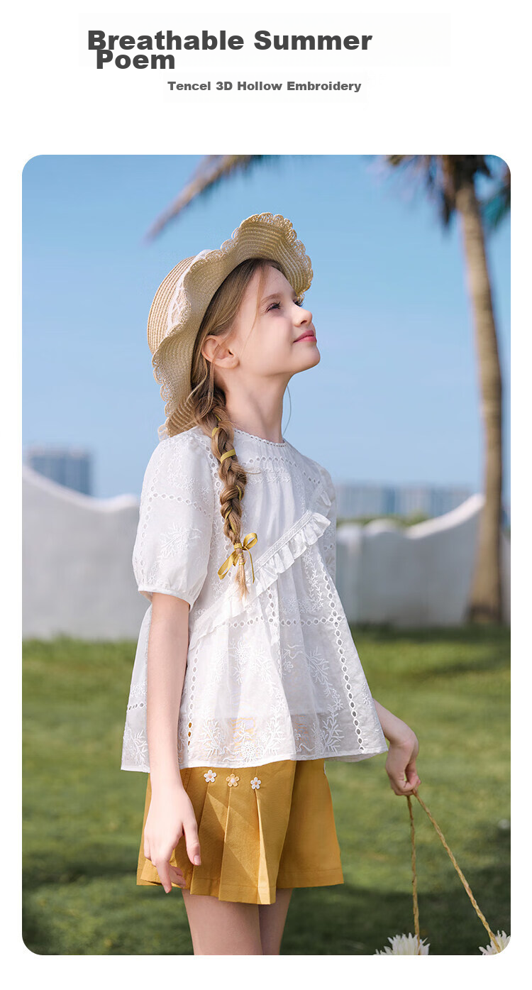 CHANZUIGOU Girls French Style Hollow Embroidered Top 2026 Summer New Breathable Short Sleeve Shirt 7